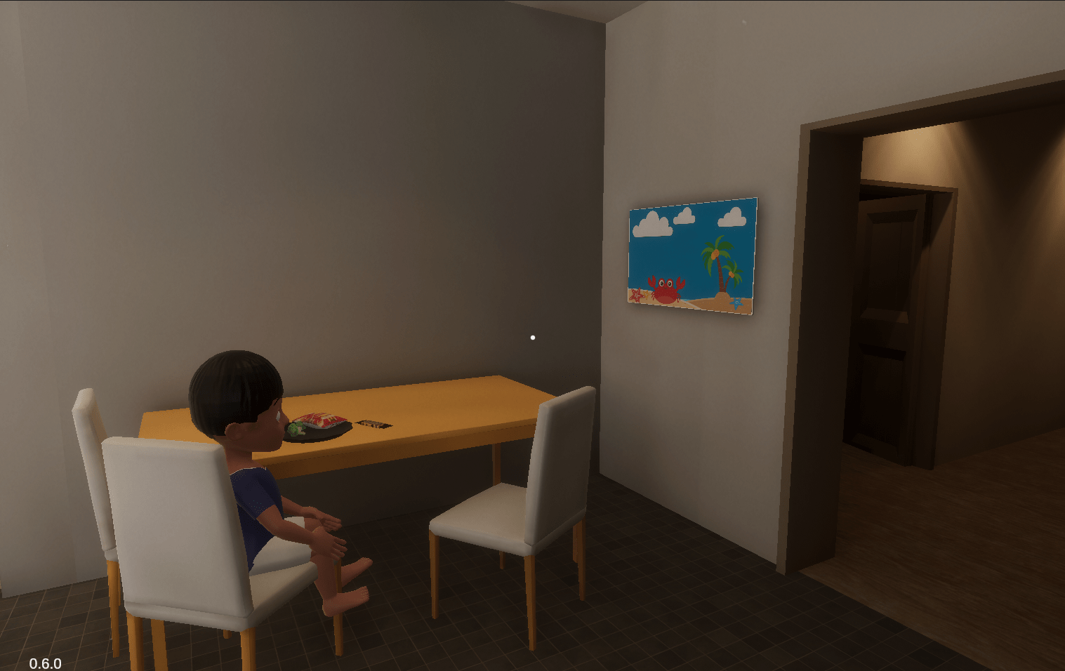 Game screenshot: Child eating at dining room table and watching cartoon