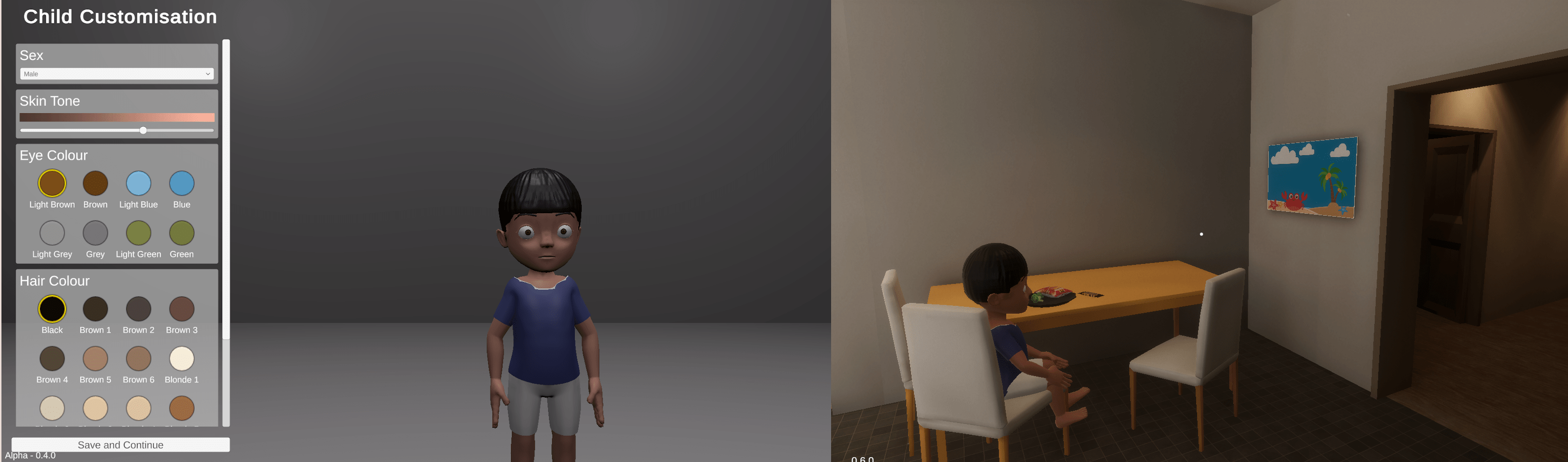 Game screenshot: character customisation and child eating at table